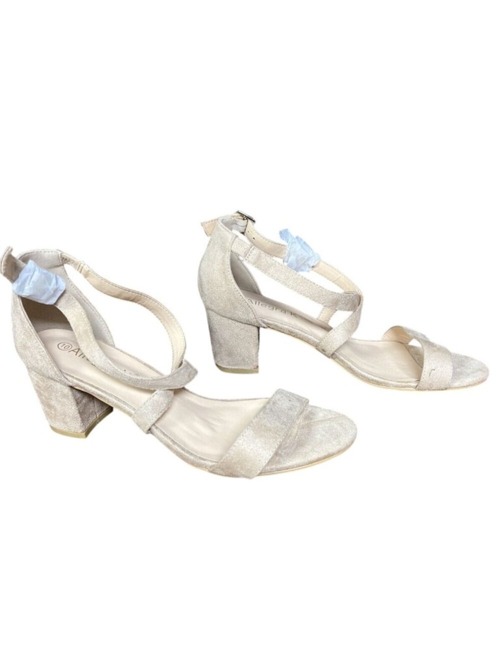 Allegra K Beige Suede Open Toe Chunky Heels Shoe Sandal Ankle Strap Size 10